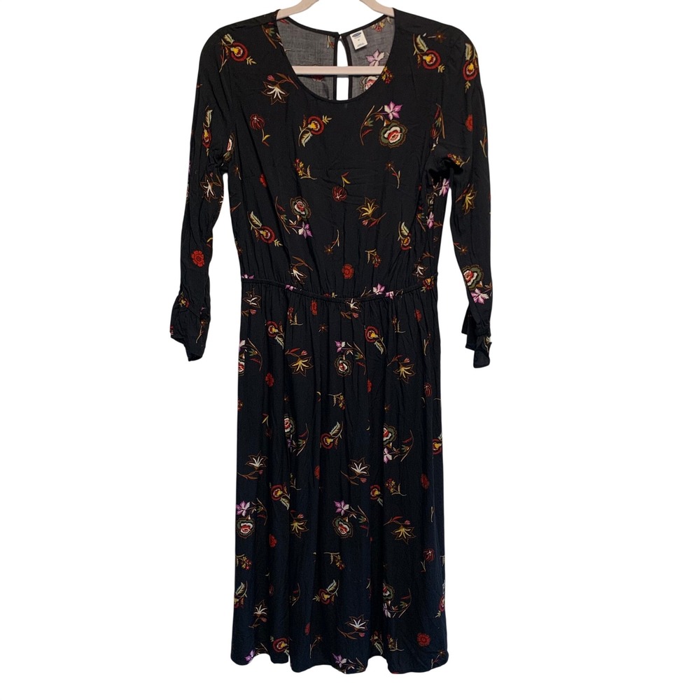 Floral Midi Holiday Dress Size M Black Long Sleeve Boho Witchy Autumn Wedding